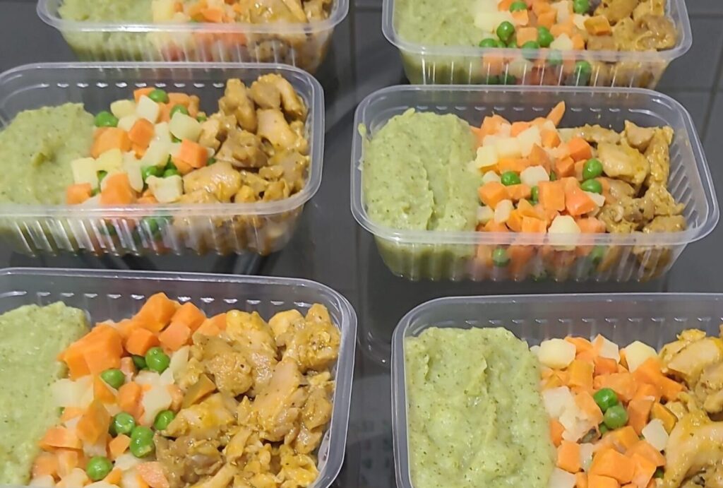 Purê de Brócolis com mix de legumes e Pedacinhos de Sobrecoxa de frango